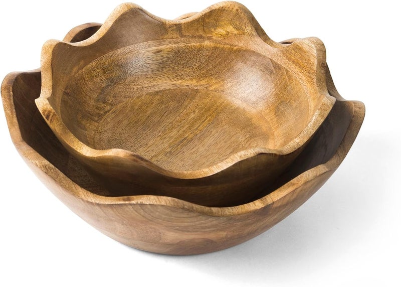 Mela Artisans Scalloped Decorative Wooden Bowls Set of 2 |12 Inch &10 Inch Mango Wood Fruit | Serving Bowls | Natural Grain Texture | Kitchen Counter | Snacks | Desserts | Bread | Handcrafted Decor - Image 1